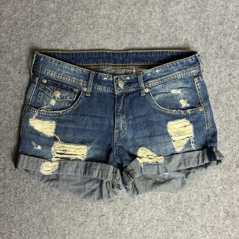 H&M &Denim Jean Shorts Women 6 30x2 Blue Distressed Cuffed Low Rise Cotton Y2K
